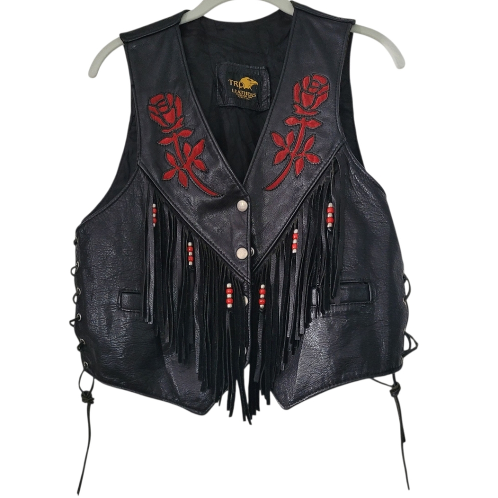 Handmade Ladies Black Leather Biker Vest Red Leather Rose Suede Fringe Beads L
